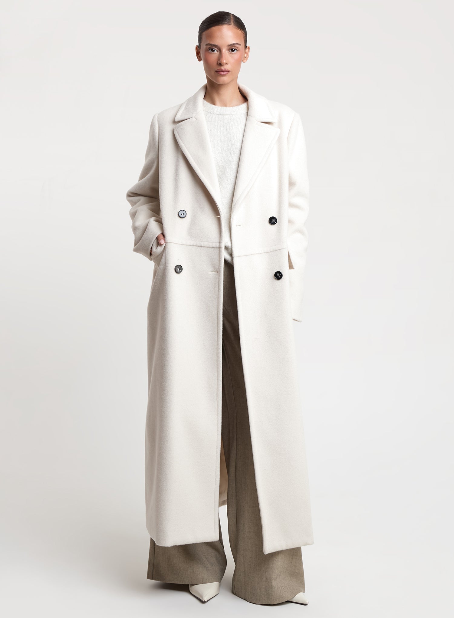 Cream Double-Breasted Longline Coat